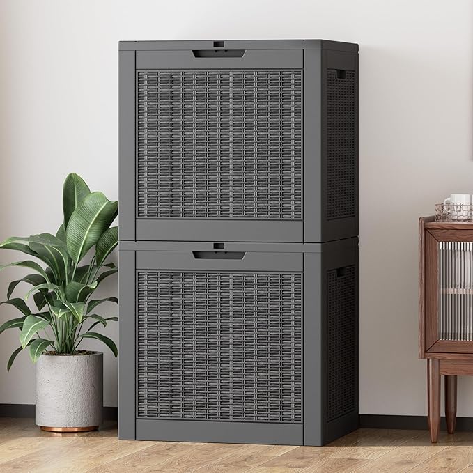 32 Gallon Resin Deck Box 2 Pack Outdoor Indoor Waterproof Storage Box for Patio Cushions, Garden Tools, Pool Accessories,Backyard Storage Bin,Black