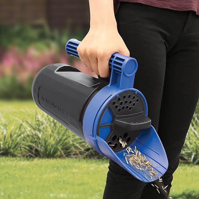 Snow Joe SJSPD1 Handheld All-Season Multi-Purpose Spreader, 5 lbs, w/Adjustable Dial Flow Control, for Ice Melt, Grass Seed and More, Blue/Black