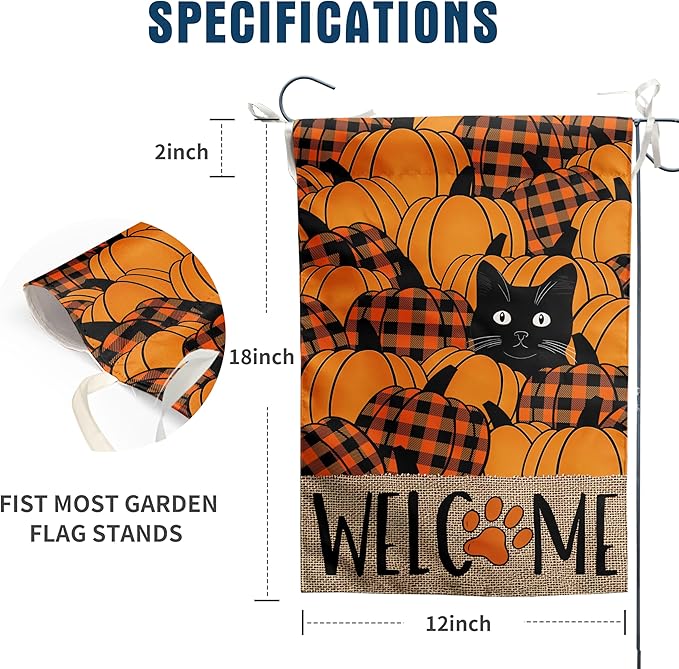 Black Cat Fall Garden Flag Pumpkin Autumn Yard Sign Thanksgiving Outdoor Decorations Porch Farmhouse Halloween Funny Banner for Outside 12x18 Double Sided Small
