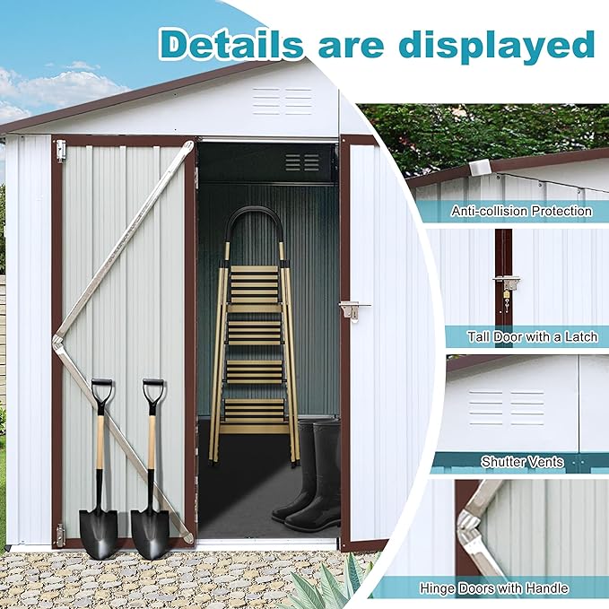 Sheds & Outdoor Storage 8 ft × 10 ft Storage Shed Large Classic Apex Roof Metal Garden Storage Sheds with Hinged Door Tool Cabinet for Backyard, Patio, Poolside, White + Coffee