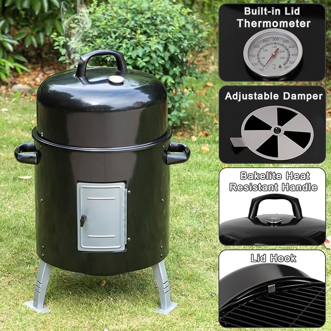 Sophia & William 17" Vertical Charcoal Smoker Grills with Two-Tier Grates, Heavy-Duty Integral Chamber and Tunnel Ventilation System for BBQ, Patio, Outdoor Camping(Black)