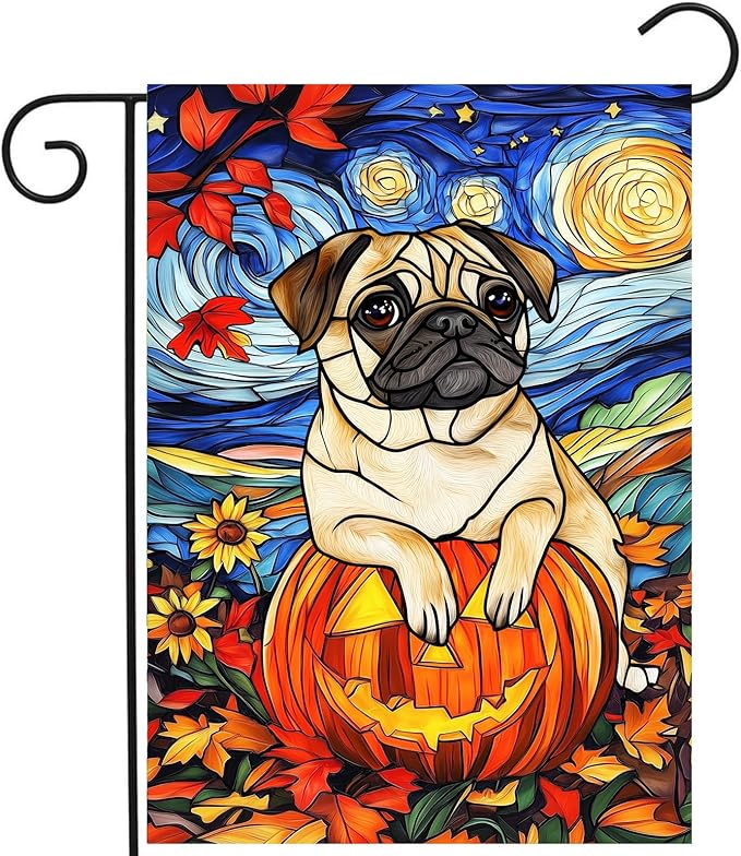 Stained Glass Pug Fall Garden Flag Halloween Pumpkin Yard Signs Autumn Sunflower Thanksgiving Banner for Outside 12x18 Double Sided Small Dog Outdoor Decorative