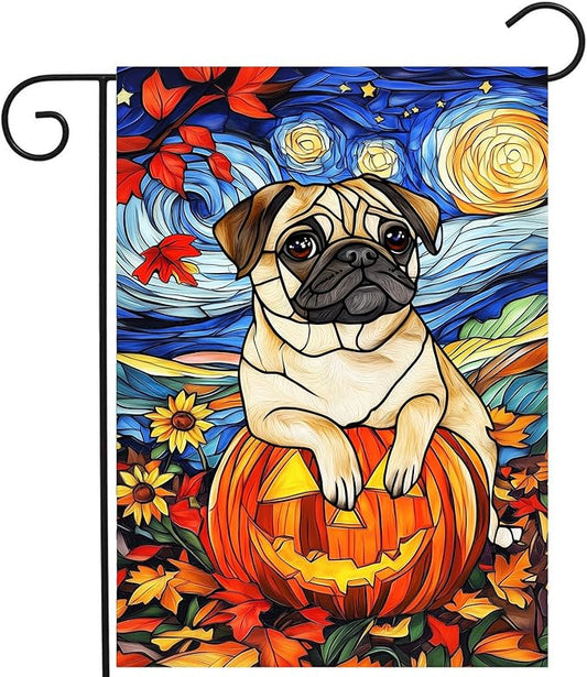 Stained Glass Pug Fall Garden Flag Halloween Pumpkin Yard Signs Autumn Sunflower Thanksgiving Banner for Outside 12x18 Double Sided Small Dog Outdoor Decorative