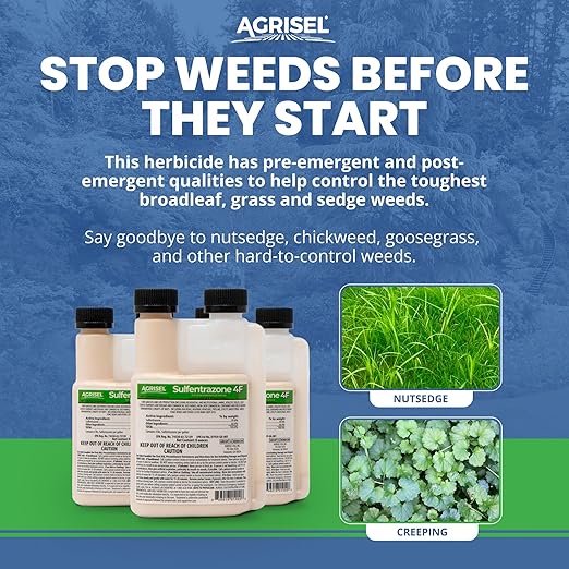 Sulfentrazone 4F Weed Killer, Pre-Emergent and Post-Emergent, Broad-Spectrum Control, Stops 100+ Weeds, Pet Safe, Includes 3-Pack of Agrisel Protective Gloves, 8 Ounces