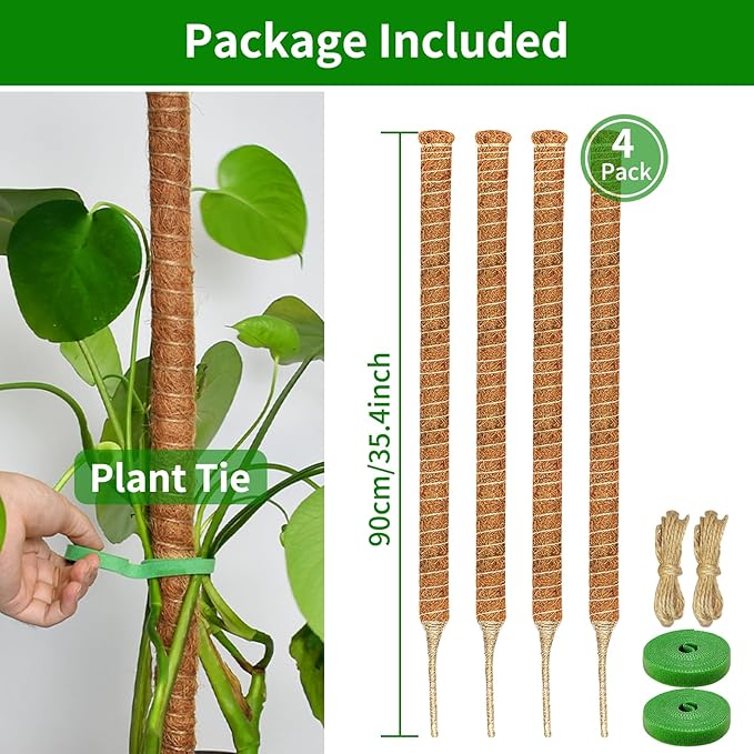 4 Pack Moss Pole, 35.4-Inch Moss Poles for Plants Monstera,Bendable Plant Support Stakes for Climbing Plants Indoor, Garden Trellis Plant Stick for Potted Plants, Pothos Philodendron