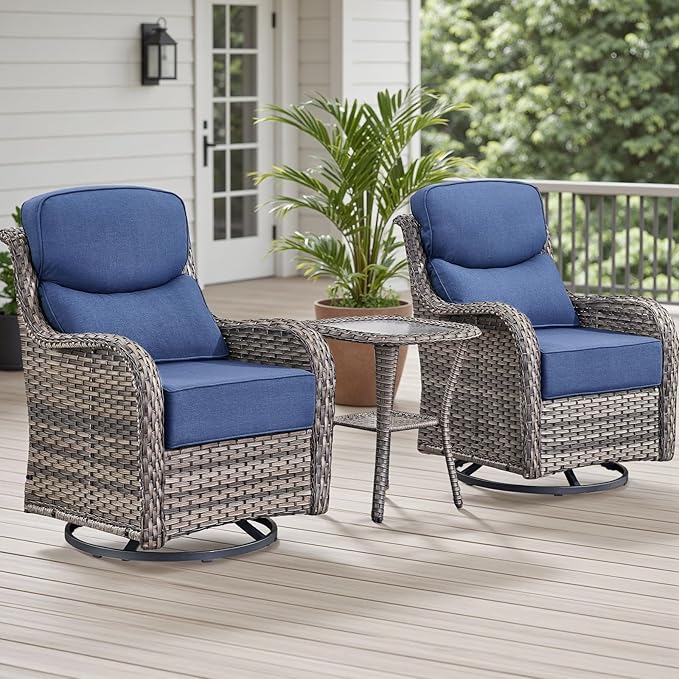 Outdoor Patio Swivel Rocker Chairs Set of 2, Waterproof Wicker, High Back, Deep Seating, Wide Armrest, Upgraded 6 inch Thick Cushions, Side Table, Ideal for Deck Porch Yard, Mixed Grey-Blue