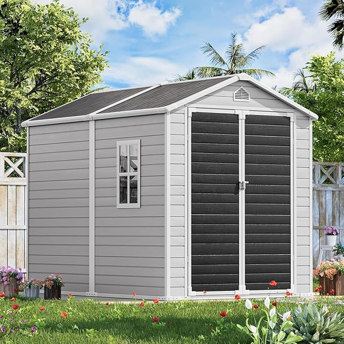 Resin Storage Shed 8 x 6 FT: Outdoor Resin Sheds with Floor, Plastic Waterproof Patio Outdoor Storage Shed with Lockable Door & Windows,Tool Sshed Storage for Garden Backyard Patio Lawn, Gray