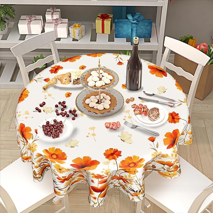 Giwawa Fall Floral Round Tablecloth 60 Inch,Watercolor Orange Wildflowers Autumn Reusable Washable Polyester Table Cover Seasonal Indoor Outdoor Dining Decorations for Home Party Picnic