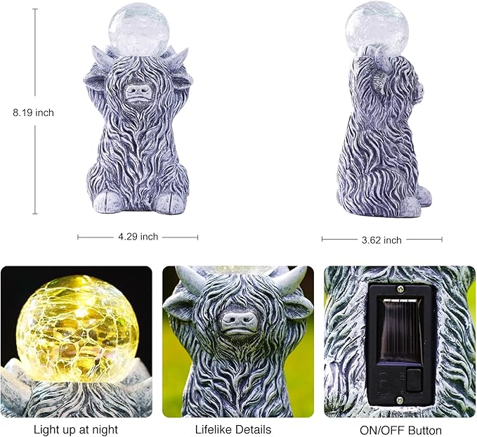 Goodeco Highland Cow with Solar Gazing Ball Lights – 8.2 Inch Garden Statue for Home & Outdoor Decor, Highland Cow Gifts for Yard & Patio (Gray)