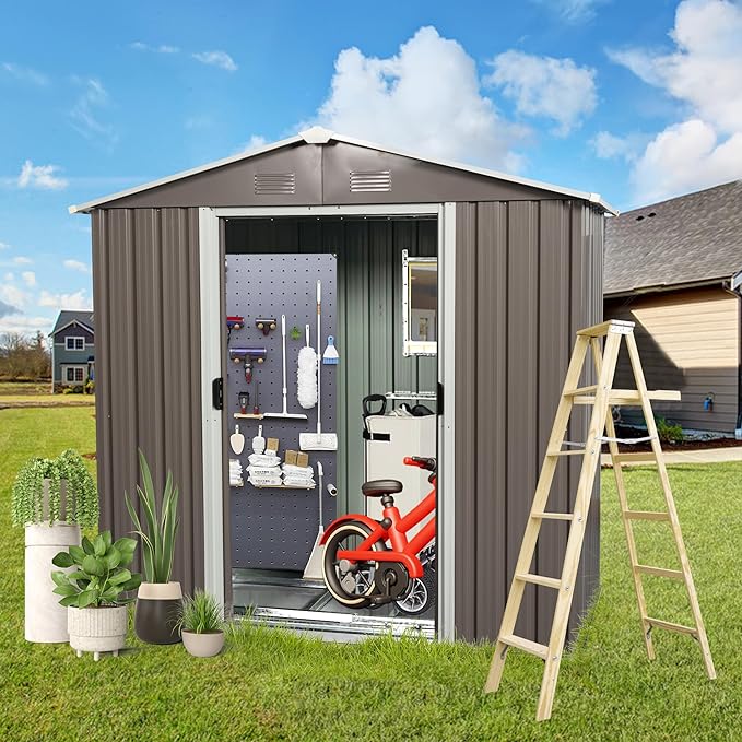 8 x 4 FT Outdoor Storage Shed, Large Metal Utility Garden Shed with Sliding Doors Sliding Doors, Waterproof Sloping Roof, Air Vents, Tool Storage House for Backyard Lawn, Gray