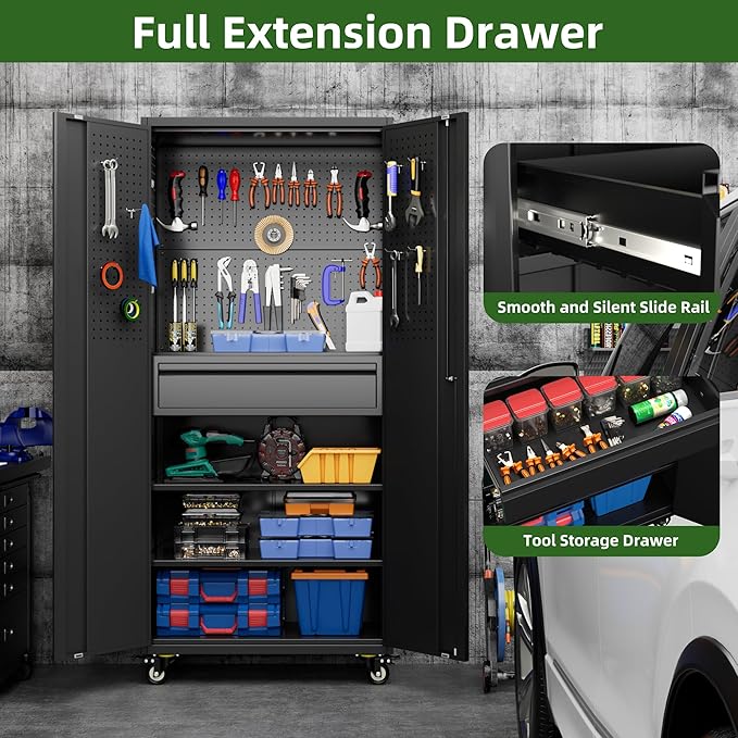 71" H Garage Storage Cabinet with Wheels and Doors,Metal Tool Storage Cabinet with Pegboard and Drawer for Garage Warehouse Home,Required Assembly,Black