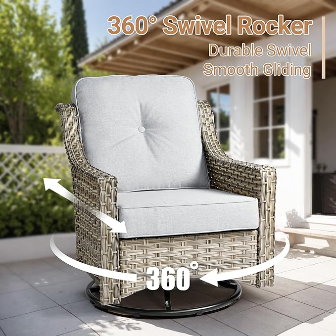 HOOOWOOO Outdoor Patio Furniture Set,10 Pieces Wicker Out Door Sectional Furniture L Shaped Couch,Patio Conversation Sets with Swivel Rocking Chair LED Table,Light Gray