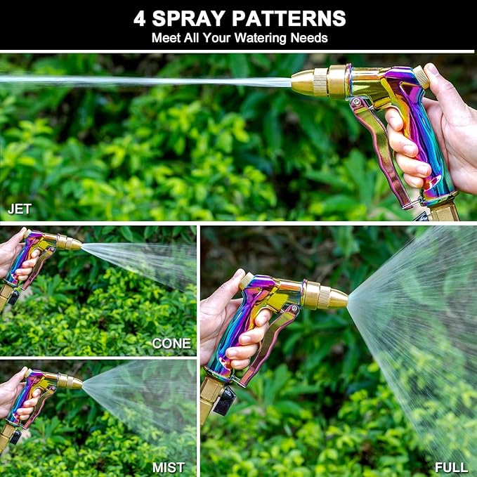 ESOW Heavy Duty Metal Garden Hose Nozzle, High Pressure Water Hose Nozzle with 4 Spray Patterns Rotating, Ideal for Outdoor Lawn & Garden Watering, Car & Pet Washing, Rainbow