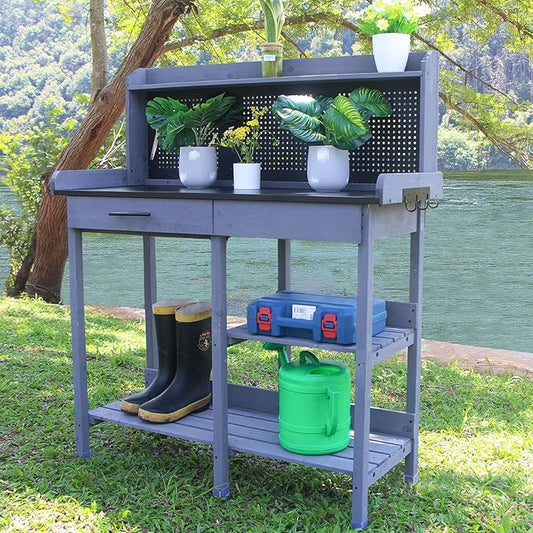 Outdoor Potting Bench Table,Garden Work Bench Metal Tabletop Horticulture with Shelf Rack Wooden Potting Benches for Outside with Holey Board/Hooks/Pads/Drawer/Adjustable and Cabinet,Gray