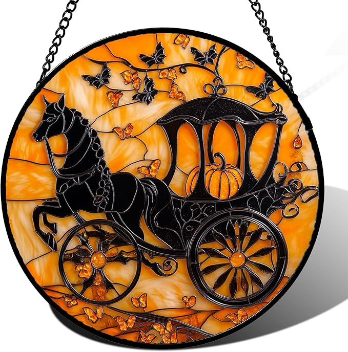 Stained Glass Window Hanging - Halloween Pumpkin Carriage Suncatcher for Doors Window Garden Indoor Spooky Funny Orange Sun Catchers Gothic Decor Horror Gifts for Women Men Friend 7.8 in