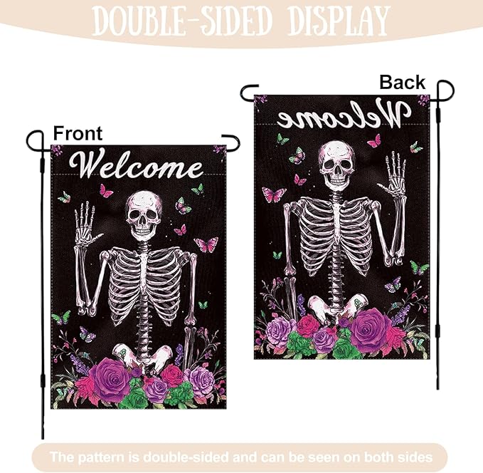 Halloween Garden Flag 12 x 18 Inch Double Sided Skeleton Rose Butterfly Designs Welcome Fall Autumn Burlap Yard Flag for Outside Rustic Yard Outdoor Holiday Home Decoration