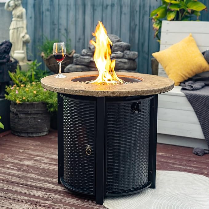 30'' Concrete Round Gas Fire Pit, 50,000 BTU Steel Outdoor Fire Tables, Fire Table with Lid, Add Warmth & Ambience to Gatherings and Parties On Patio Deck Garden Backyard.