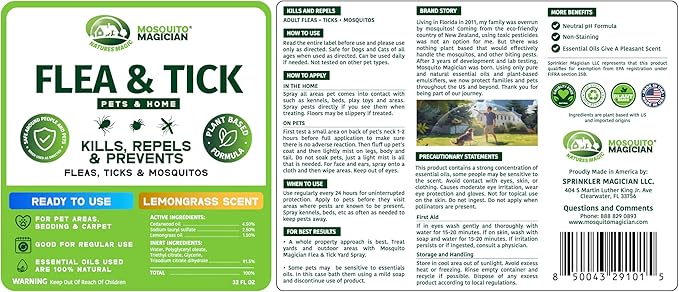 Mosquito Magician Indoor and Outdoor Spray - Use for Carpet, Furniture, Bedding, Couches & Pets – Plant-Sourced with Essential Oil – Lemongrass, 32 OZ