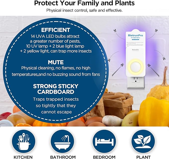 Fly Traps Indoors(2 Device+10 Refills), Gnat Traps for House Indoor with Night Light, 3-in-1 UV/Blue/Yellow Light Plug-in Flying Insect Traps, Fruit Fly Killer, NAT Killer, Get Rid of Gnat Infestation