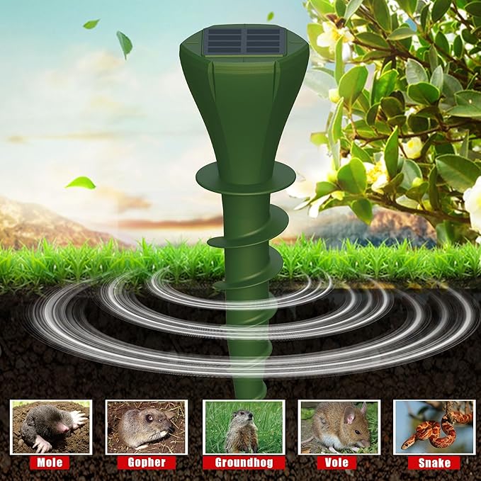 6 Packs Solar Mole Repellers, Gopher Deterrent Device with Vibrating Motor & Spiral Drill Ground Stake, IP65 Waterproof Lawn Garden Yard Pest Repellents Driving Away Vole Groundhog Snakes
