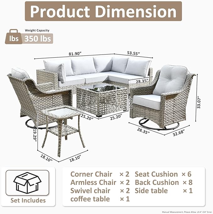 HOOOWOOO Outdoor Patio Furniture Set,8 Pieces Wicker Out Door Sectional Furniture L Shaped Couch,Patio Conversation Sets with Swivel Rocking Chair LED Table,Light Gray