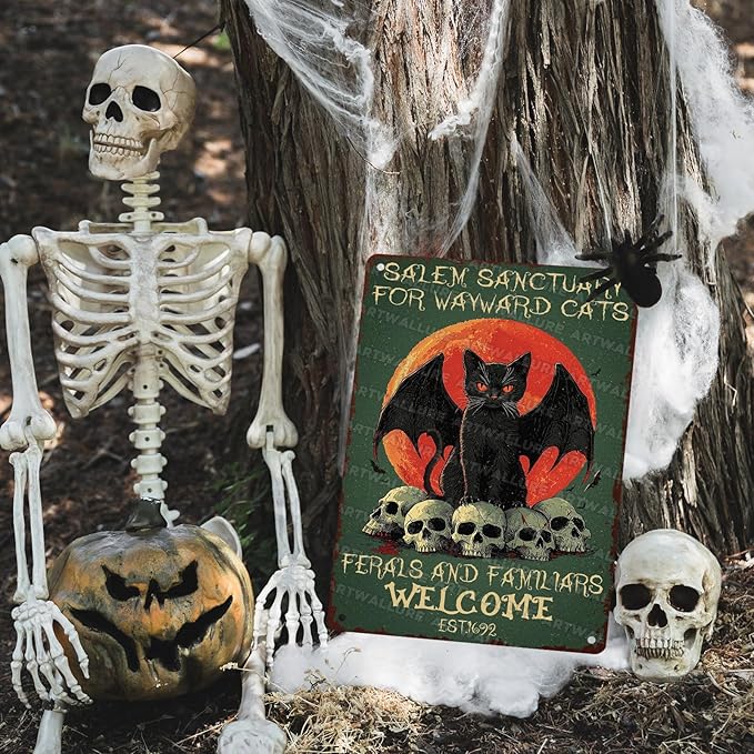Salem Sanctuary Black Cat Metal Tin Sign Halloween Decor Vintage Gothic Decor Retro Wall Art Rustic Tin Plaque For Home Bar Cat Lovers 12x16inch