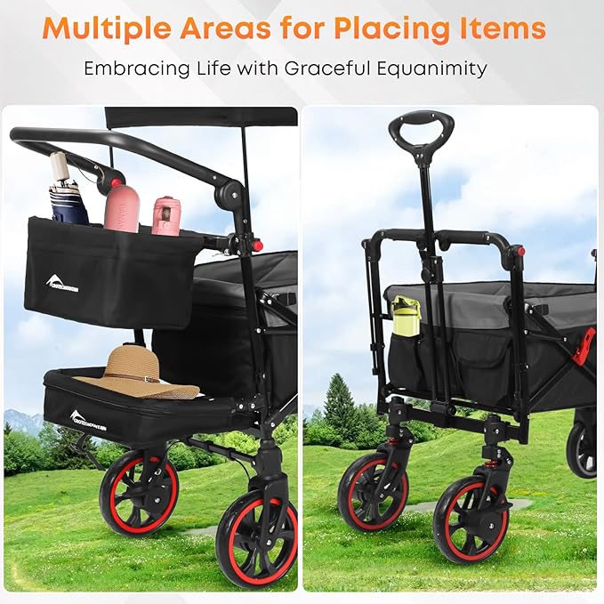 Collapsible Canopy Wagon,Large Capacity Trolley, Foldable Portable cart with Canopy, Adjustable Push/Pull Handle, Shock-Absorbing Wheels, Suitable for Shopping,Traveling-B