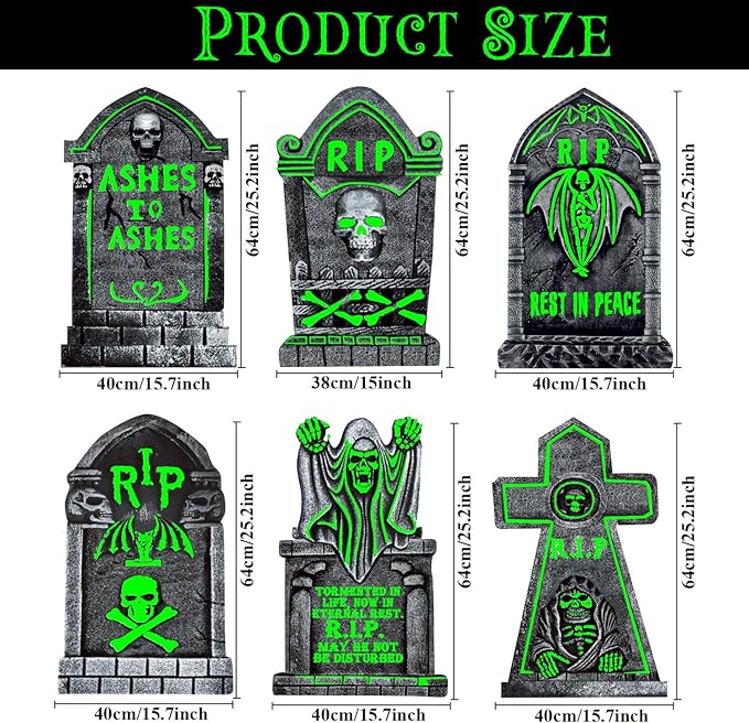 6Pcs Large Halloween Tombstones Decoration Yard Sign Glow in The Dark, 25"x16" Light Up Graveyard Decor for Outdoor Displays, Waterproof and Durable Cemetery Decorations for Grave, Spooky Yard Props