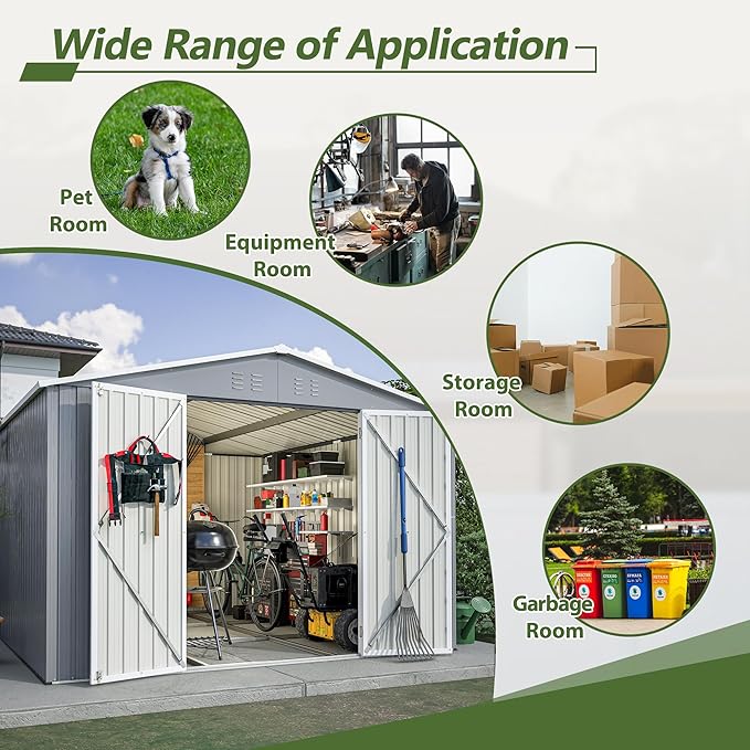 10x10 FT Outdoor Storage Shed with Floor,Metal Shed W/Air Vent & Sloped Roof,All Weather Waterproof Garden Tool House W/Lockable Hinged Door,for Backyard,Patio,Lawn,Gray