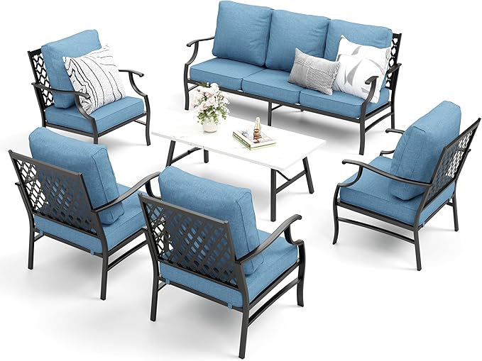 Patio Furniture Set 6 pcs, Outdoor Patio Furniture, 1 X 3-Seat Sofa, 4 X Single Chairs, 1 X Coffee Table and 5.75" Extra Thick Cushion, Patio Conversation Set,Navy Blue