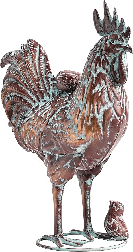 Outdoor Garden Rooster Statue Décor Antique Copper Outdoor Chicken Sculpture Metal Yard Art Figurines Creative Rooster Ornaments for Home Kitchen Patio Farm (Garden Rooster with Chicks Statue)