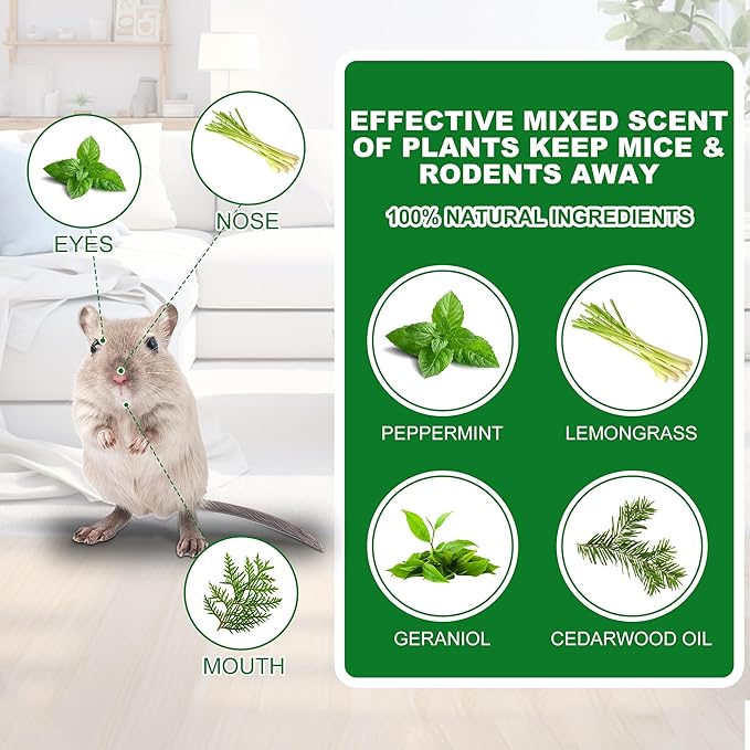 24 Pack Mouse Repellent for Outdoor, Natural Keep Rodent Away Deterrent with Long-Lasting Protection for Home, Car, Garage, Safe for Family