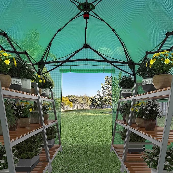 8.5 x 7 FT Walk-in Greenhouse, Portable Pop-up Green House 3 Adjustable Hights Heavy Duty Plant Gardening Canopy with Durable PE Cover for Indoor Outdoor (Clear and Green)