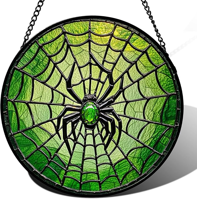 Stained Glass Window Hanging - Black Green Horror Spider Web Suncatcher for Doors Garden Patio Sun Catchers Decor Christmas Halloween Birthday Gifts for Women Men Mom Nana Friend 7.8 in