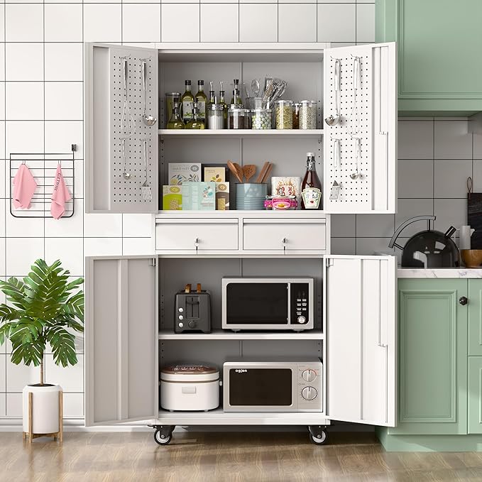 71" H Rolling Tool Storage Cabinet with Pegboard and 2 Drawers,Metal Garage Storage Cabinet with Wheels 4 Doors and Adjustable Shelves for Garage, Kitchen,Office,Required Assembly,White