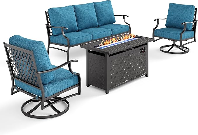 4 Piece Metal Outdoor Patio Furniture Sets with 5000 BTU Firepit Table, Patio Conversation Sets 3-seater Sofa, 2 Swivel Chair with 5.75" Thick Cushion, Black Backyard Furniture, Blue-2