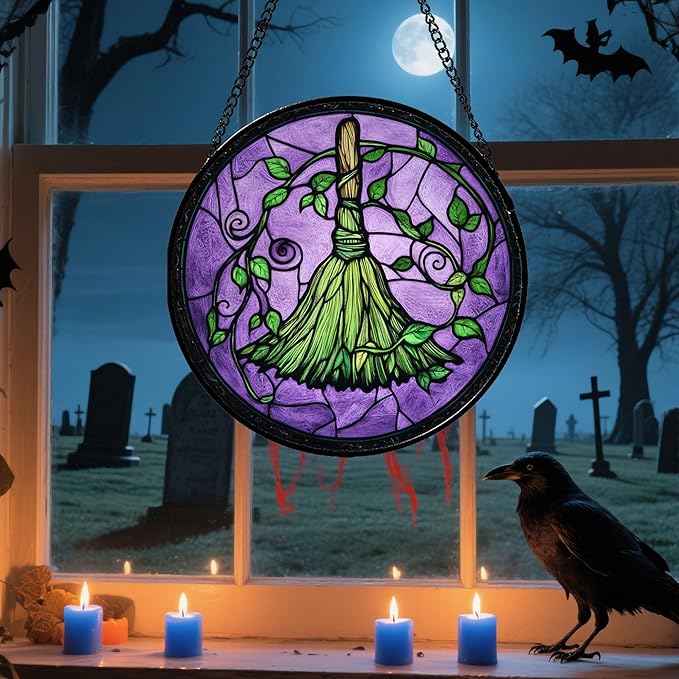 Stained Glass Window Hanging - Halloween Decorations Witch Magic Broom Suncatcher for Doors Garden Indoor Funny Spooky Sun Catchers Gothic Decor Horror Gifts for Women Men Friend 7.8 in