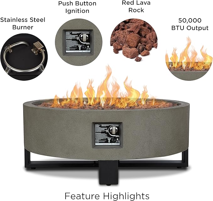 Real Flame Ideldale Round Outdoor Propane Fire Pit - Lightweight, Concrete-Like Material (MGO) - Push Button Start, Adjustable Flame Height