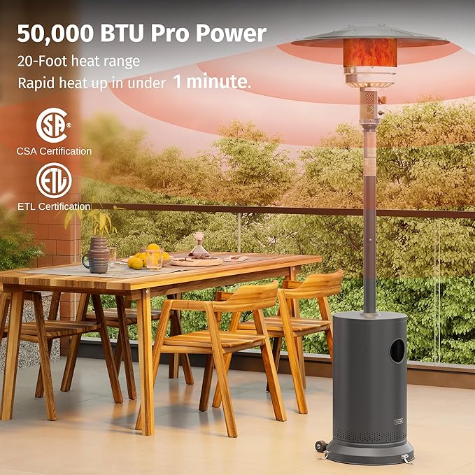 EAST OAK 50,000 BTU Patio Heater for Outdoor Use With Round Table Design, Double-Layer Stainless Steel Burner and Wheels, Outdoor Patio Heater for Home and Commercial, Gray, 31.9 x 31.9 x 86.6 inches