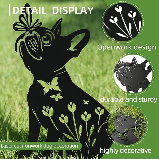 Metal Pug Garden Decor for Outside (2 Pack), 14" Yard Art Stakes,Unique Gift for Kitty Lovers, Outdoor Lawn Statues and Weather Resistant Yard Art