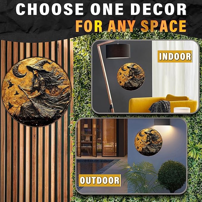 PEACHGARDEN Round 2D Halloween Witch Broom Vintage Sign Halloween Witch Metal Tin Sign for Home Bar Kitchen Hotel Dining Room Coffee 8x8inch