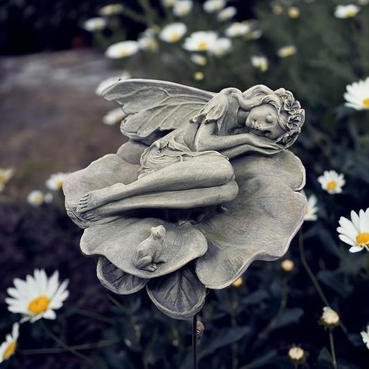 Garden Fairy Statue,Garden Sleeping Angel on Lotus Leaf with Bird Feeder Feature Outdoor Decor Sculptures Figurine Gardening Lawn