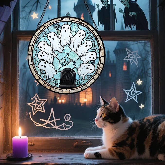 Stained Glass Window Hanging - Halloween Decorations Ghosts Tombstones Suncatcher for Doors Garden Indoor Spooky Funny Sun Catchers Gothic Decor Horror Gifts for Women Men Friend 7.8 in