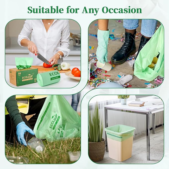ECOLipak 13 Gallon Compostable Trash Garbage Bags, 50 Count (1 Roll) Biodegradable Heavy Duty Bathroom Kitchen Trash Bags for Home/Office, US BPI ASTM D6400 and OK Compost Home Certified