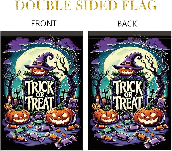 Halloween Garden Flag Pumpkin Witch Hat Trick or Treat Flag 12x18 Inch Double Sided Outdoor Yard Banner for Halloween Haunted House Spooky Decoration Decor