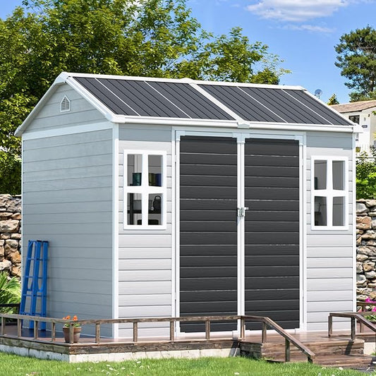 CDCASA 8x6 FT Resin Storage Shed, Waterproof Large Outdoor Sheds with Floor Included & Lockable Door & 2 Windows, Outside Plastic Tool Shed for Backyard, Patio, Poolside, Bike, Dove Grey
