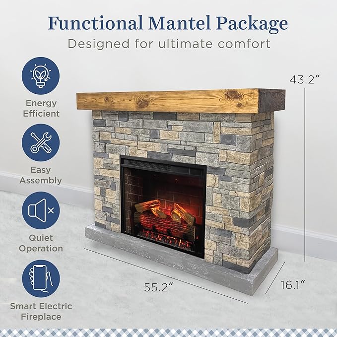 Country Living - Dixson Fireplace Mantel Package, 28” Fireplace Insert, Stone Brick Mantel Surround, Alexa/WiFi Enabled, 1500W