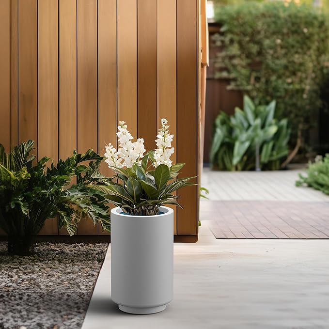 Kante 15.7 Inch Tall Concrete Planter, Round Pedestal Design Garden Pot for Indoor Outdoor Plants, Modern Garden Pot with Drainage Hole, White Finish with Aqua Blue Interior