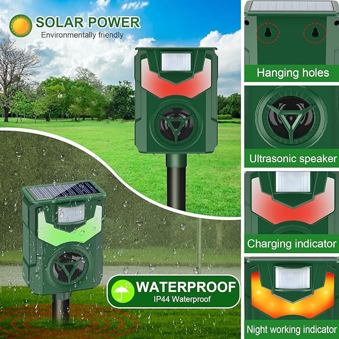 Solar Animal Repeller, Ultrasonic Cat Repellent Outdoor with Motion Sensor & Flame Flashing Light, Deterrents Device for Raccoon Squirrel Skunk Deer Rabbit Rodent Dog Repellent for Yard,Farm,Garden