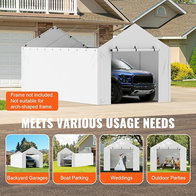 VEVOR Carport Replacement Canopy Cover Side Wall 10 x 20 ft, Garage Tent Shelter Tarp Heavy-Duty Waterproof & UV Protected, Easy Installation with Ball Bungees,White (Top and Frame Not Included)